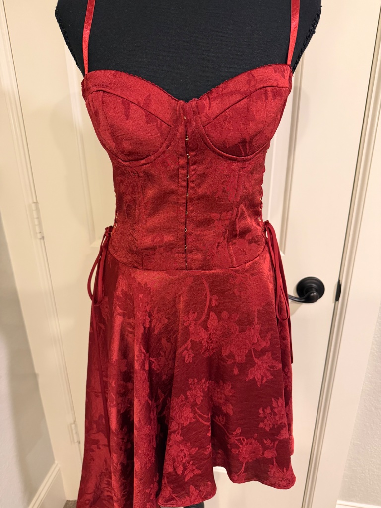 House Of Cb Corset Dress In A Deep Red Floral Pattern